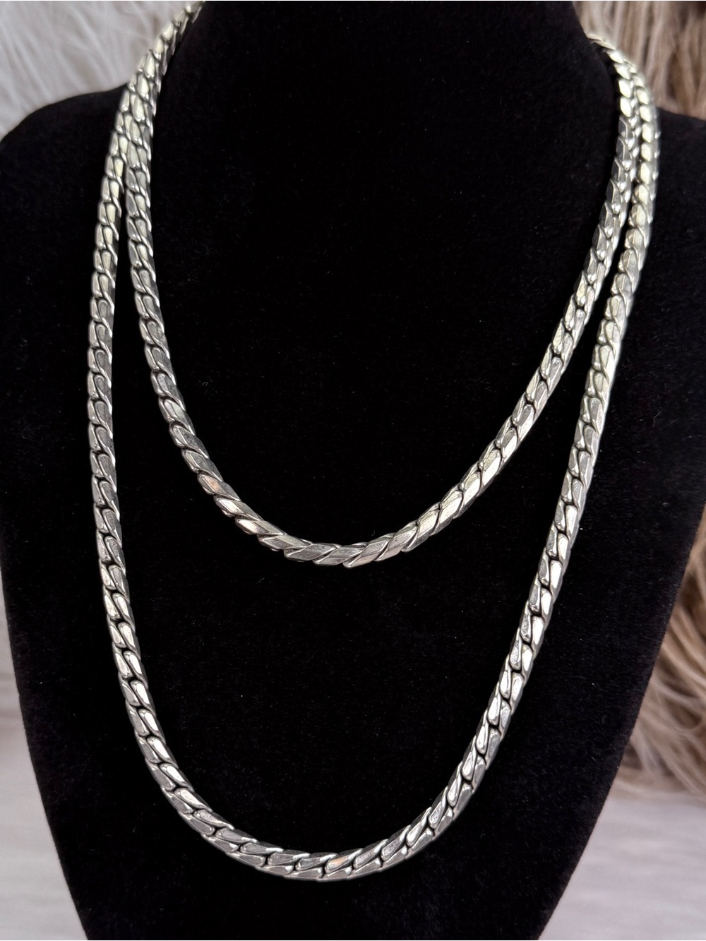 Vintage Miriam Haskell Silver Tone Wheat Link Long Necklace